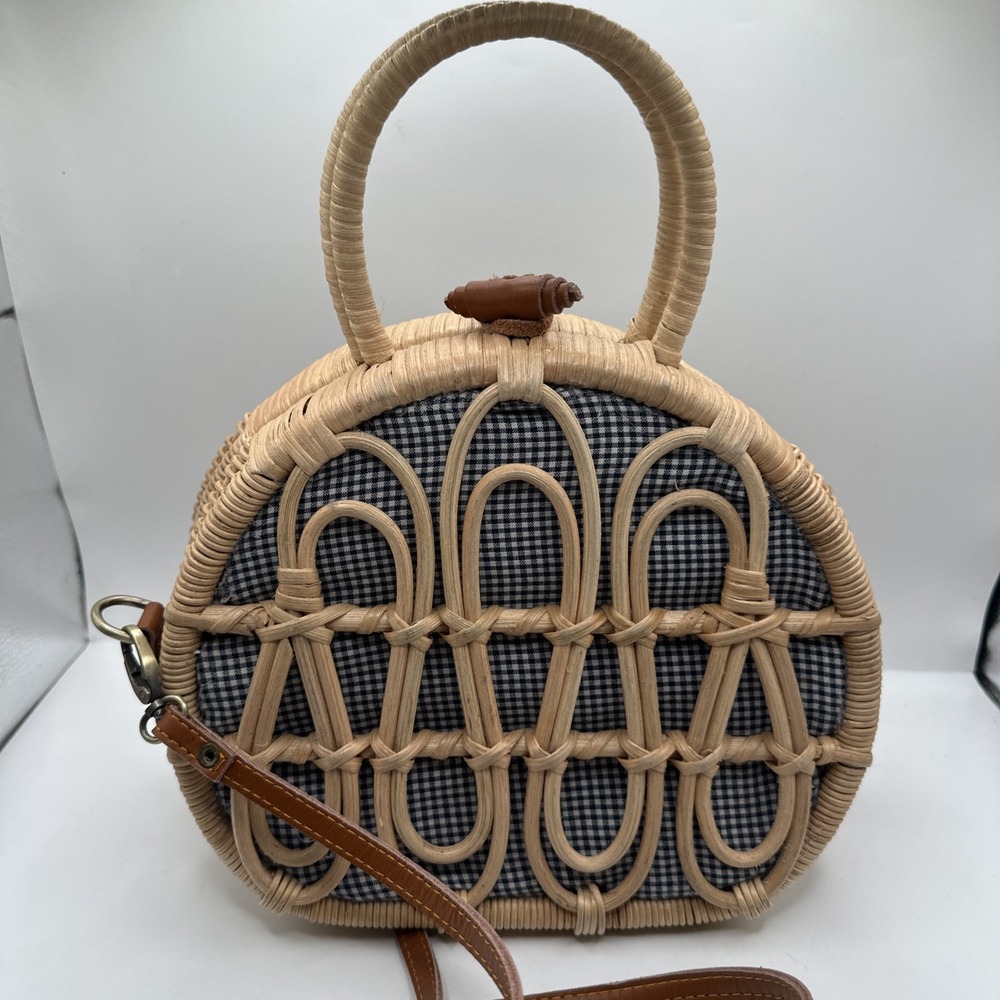 Anthropologie Mini Rattan Gingham Lined Suitcase Satchel Unique Worn On TV - Picture 5 of 10